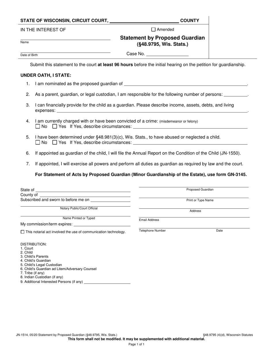 Form JN-1514 Statement by Proposed Guardian - Wisconsin, Page 1