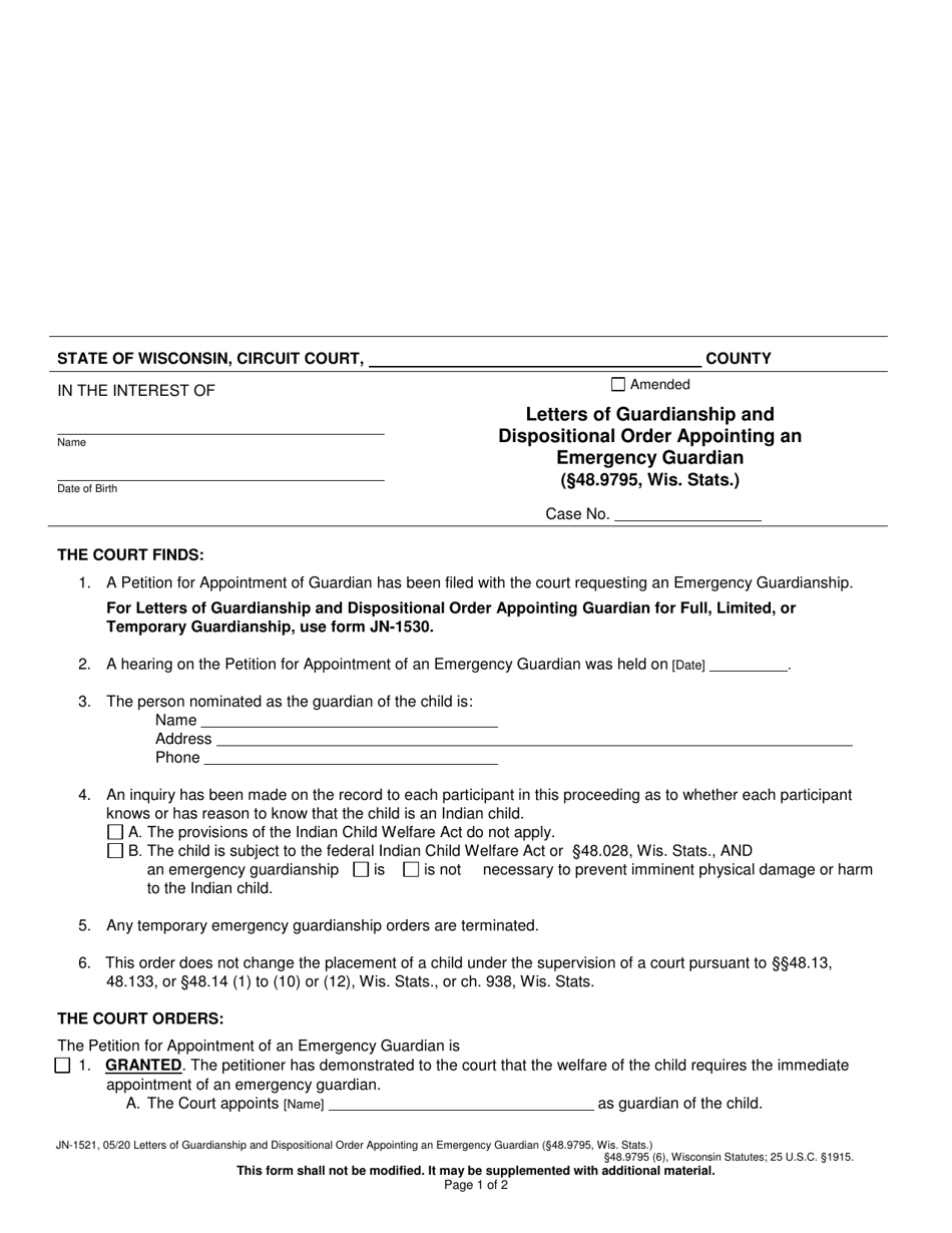 Form JN-1521 Letters of Guardianship and Dispositional Order Appointing an Emergency Guardian - Wisconsin, Page 1