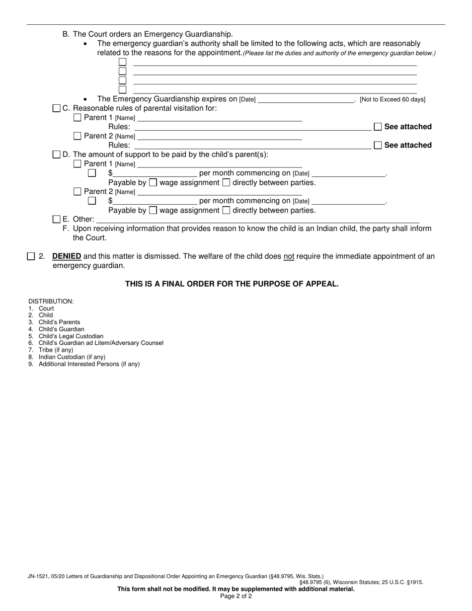 Form JN-1521 Letters of Guardianship and Dispositional Order Appointing an Emergency Guardian - Wisconsin, Page 2