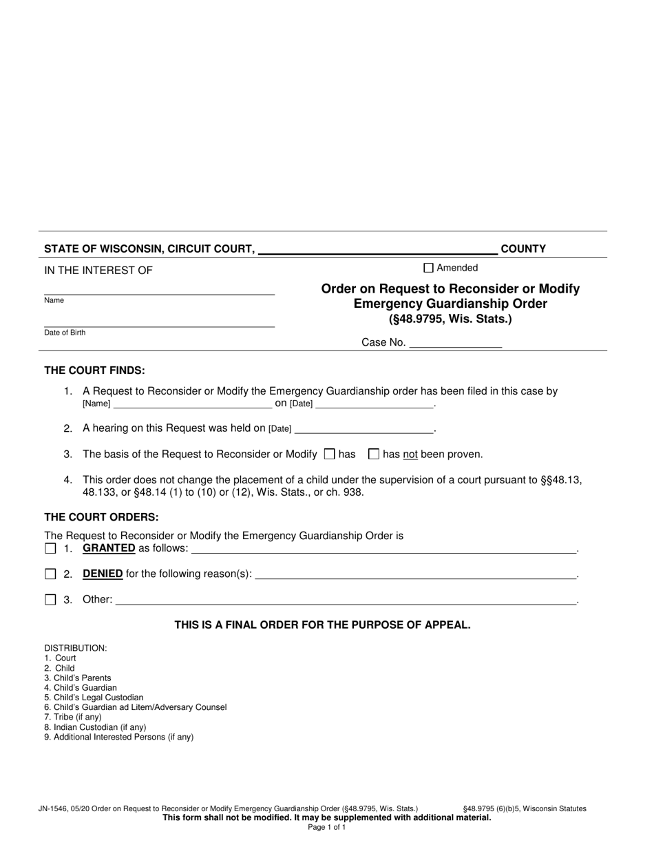 Form JN-1546 Order on Request to Reconsider or Modify Emergency Guardianship Order - Wisconsin, Page 1