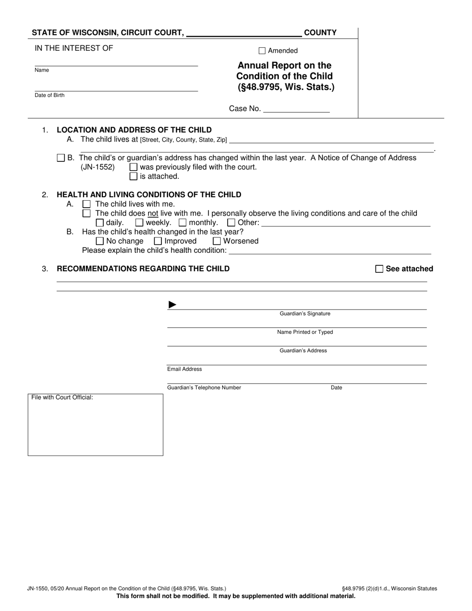 Form JN-1550 Annual Report on the Condition of the Child - Wisconsin, Page 1