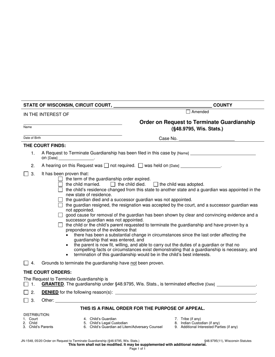 Form JN-1548 Order on Request to Terminate Guardianship - Wisconsin, Page 1