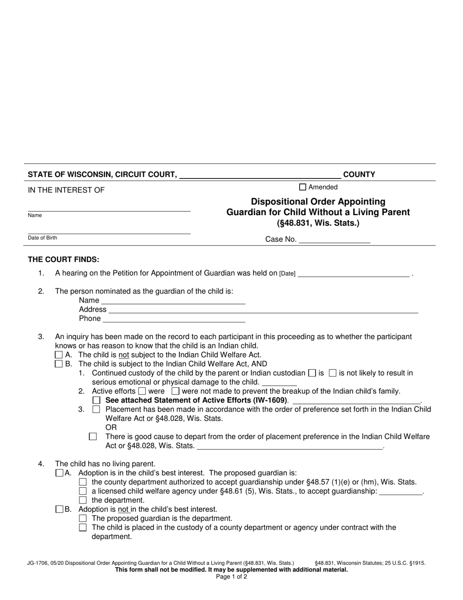 Form JG-1706 Dispositional Order Appointing Guardian for a Child Without a Living Parent - Wisconsin, Page 1