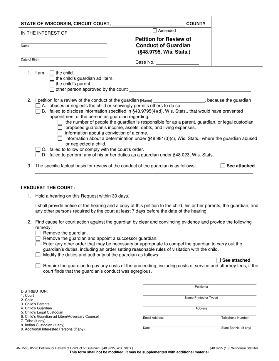Form JN-1560 Petition for Review of Conduct of Guardian - Wisconsin, Page 1