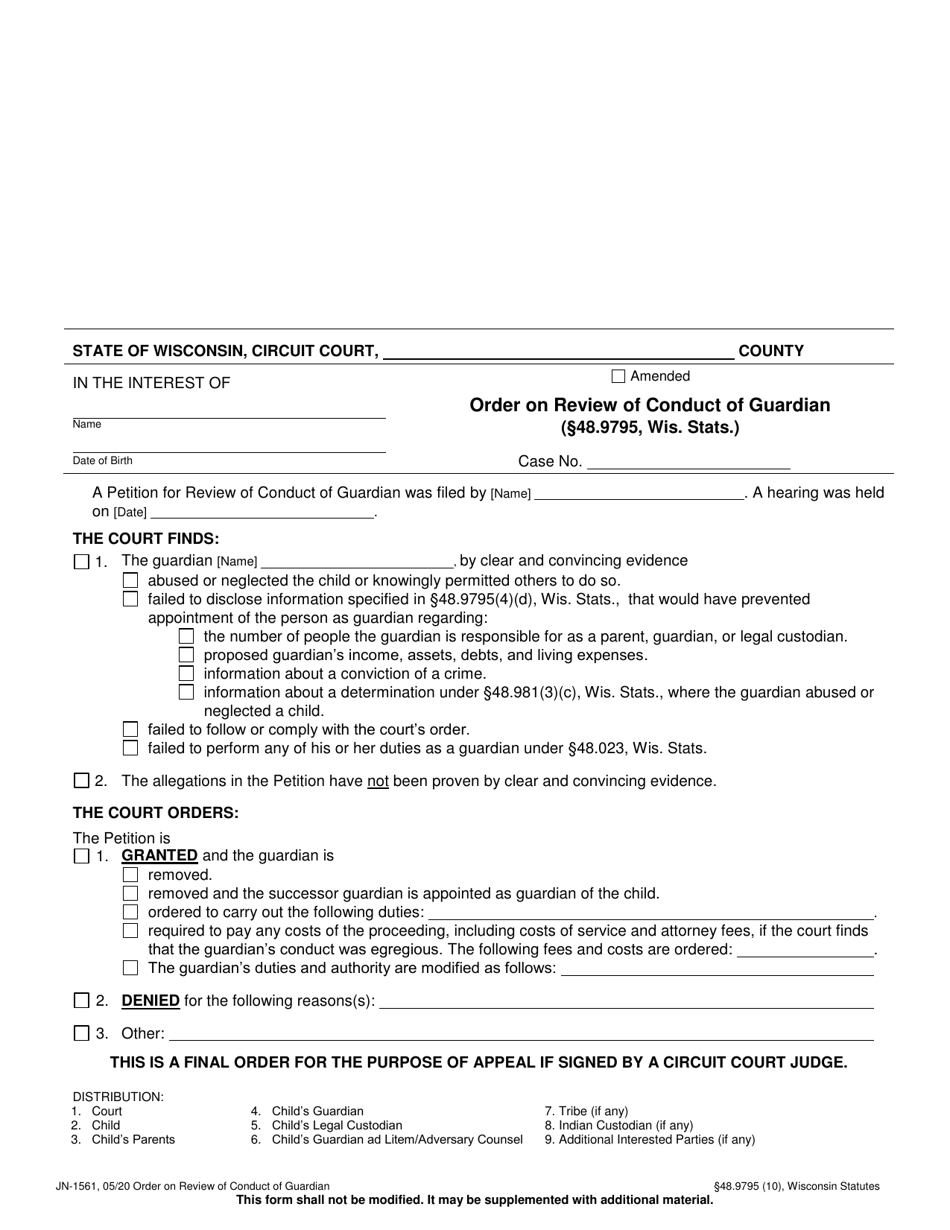 Form JN-1561 Order on Review of Conduct of Guardian - Wisconsin, Page 1