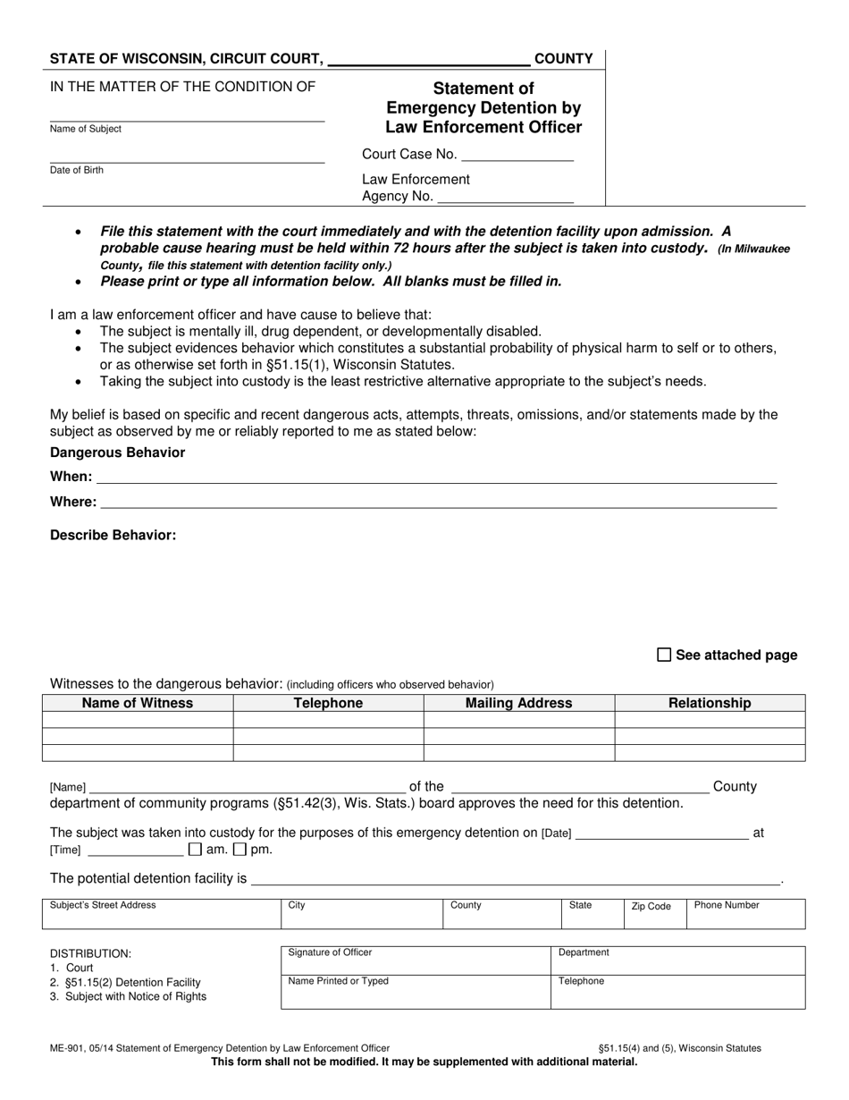 Form ME-901 Statement of Emergency Detention by Law Enforcement Officer - Wisconsin, Page 1