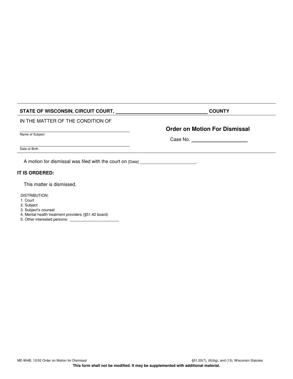 Form ME-904B Order on Motion for Dismissal - Wisconsin, Page 1