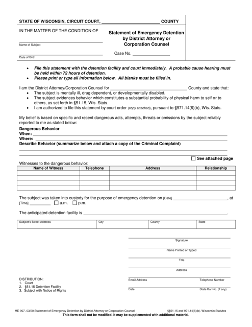 Form ME-907 Statement of Emergency Detention by District Attorney or Corporation Counsel - Wisconsin