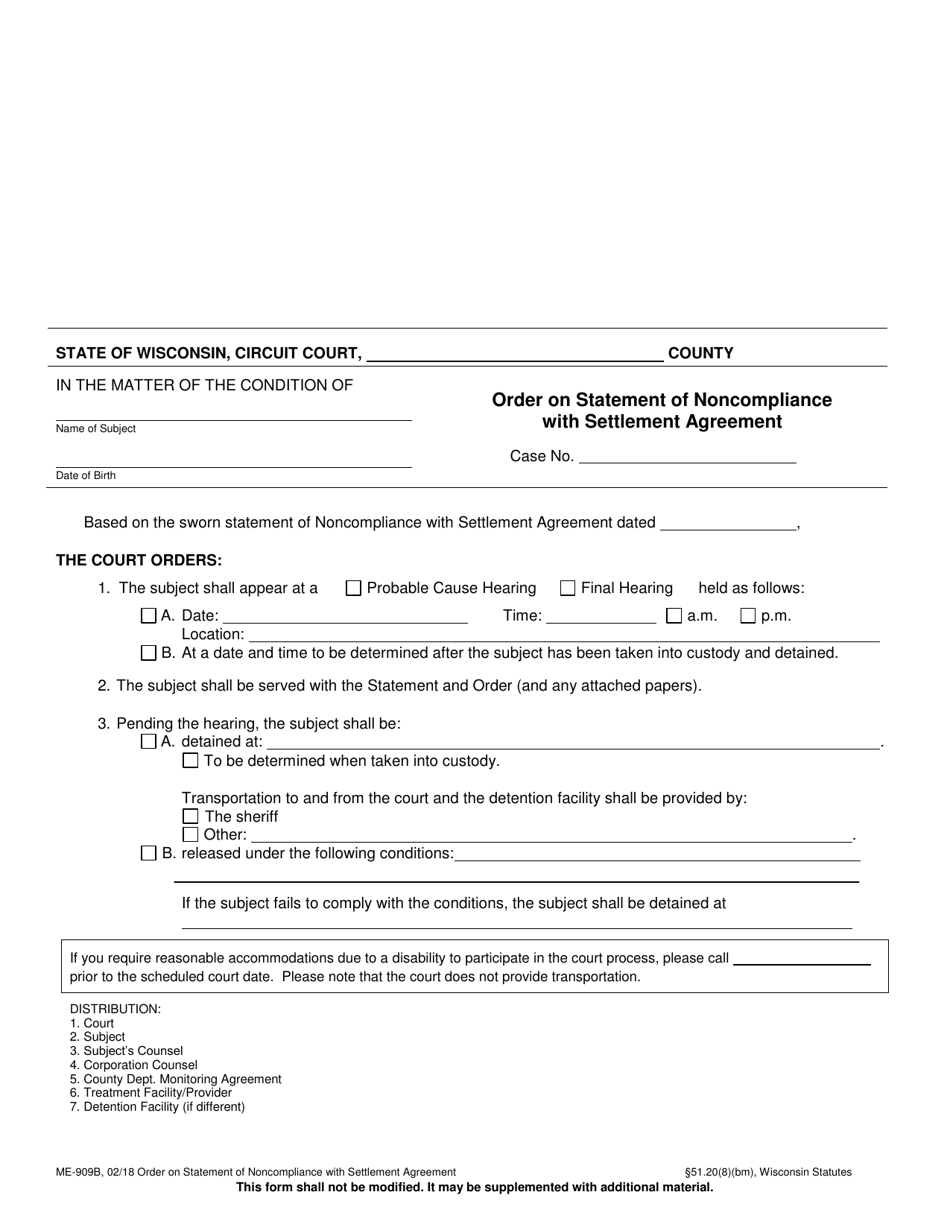 Form ME-909B Order on Statement of Noncompliance With Settlement Agreement - Wisconsin, Page 1