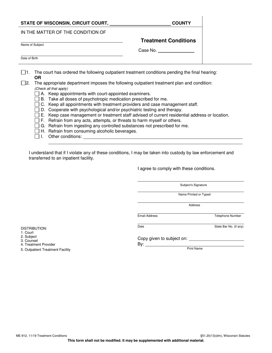 Form ME-912 Treatment Conditions - Wisconsin, Page 1