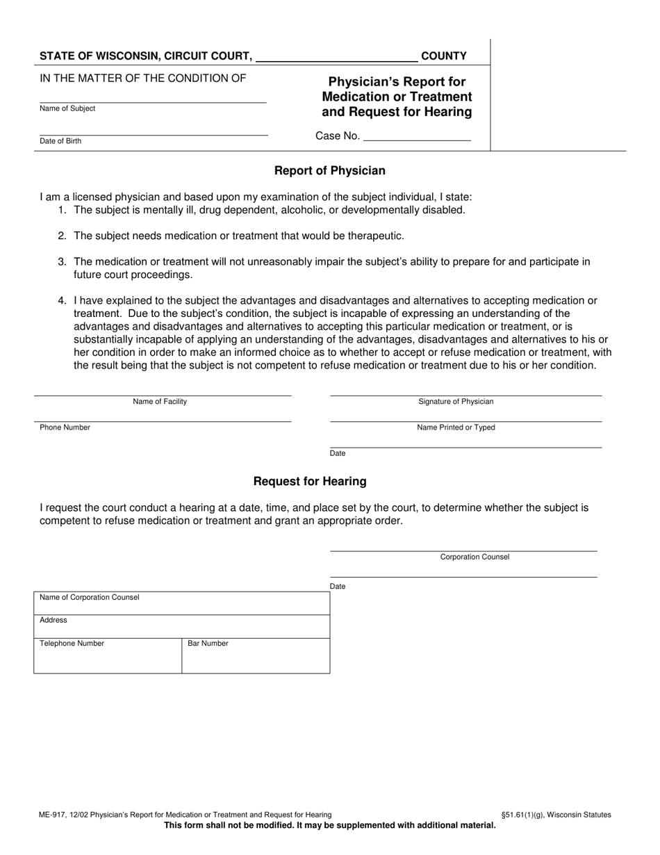 Form ME-917 Physicians Report for Medication or Treatment and Request for Hearing - Wisconsin, Page 1