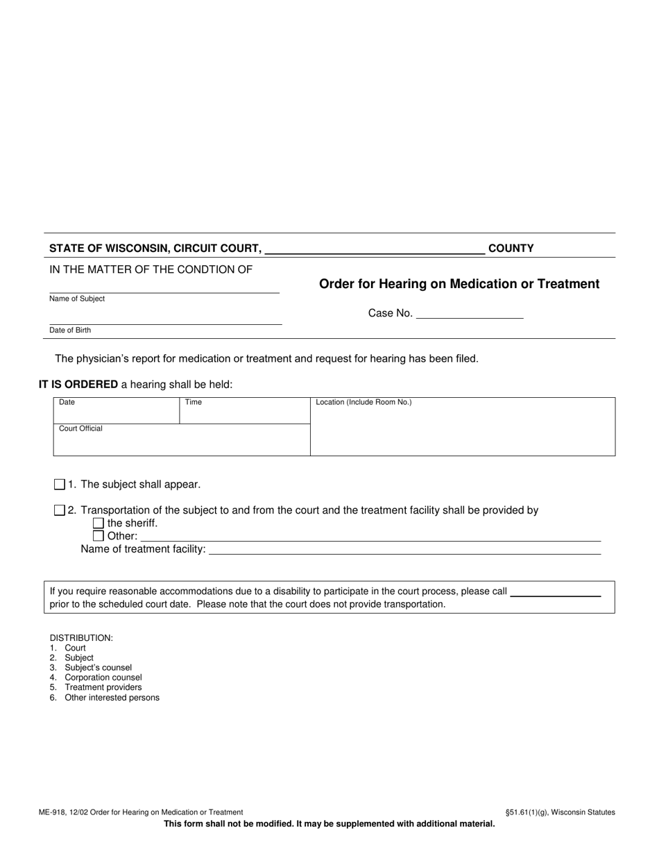 Form ME-918 Order for Hearing on Medication or Treatment - Wisconsin, Page 1