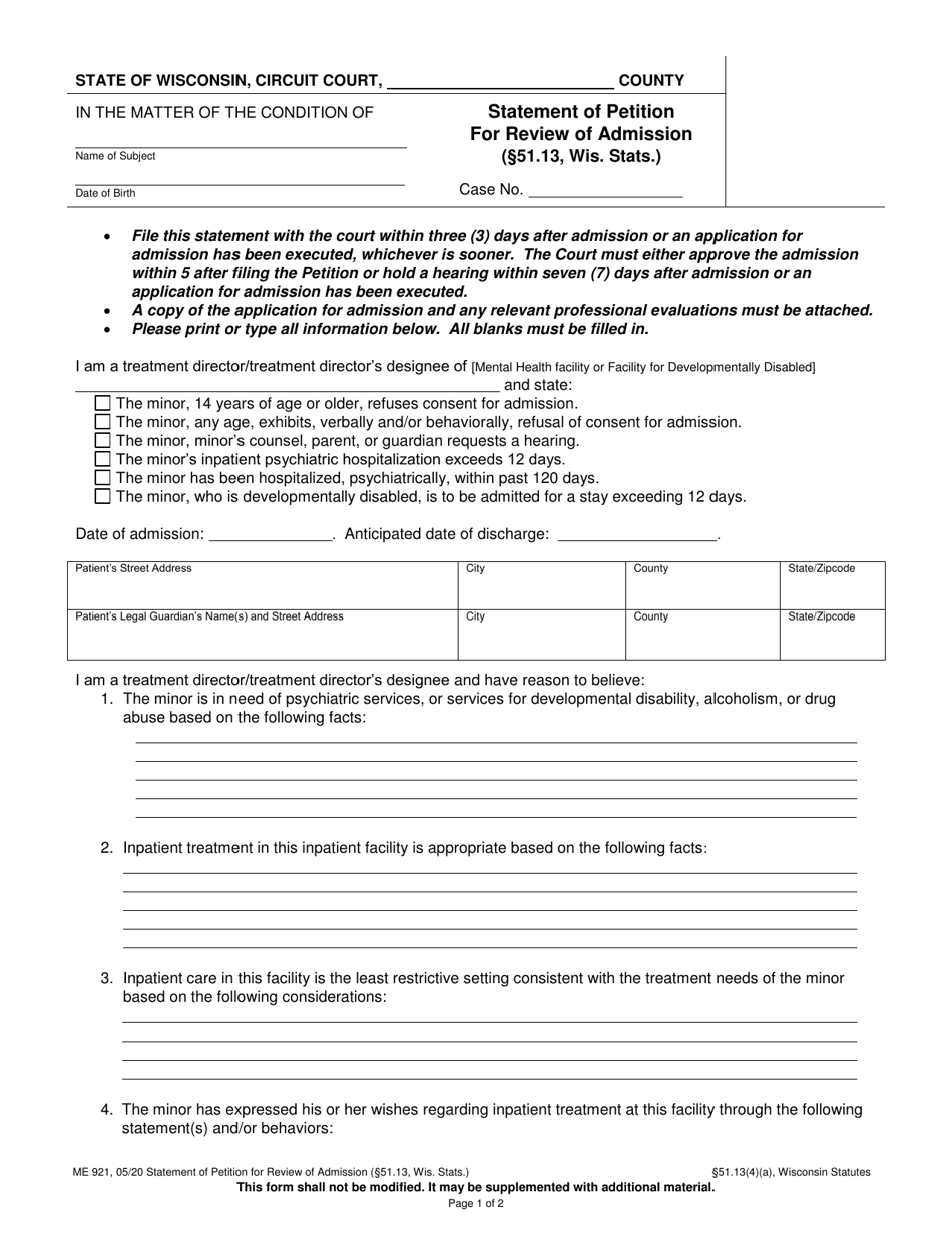 Form ME-921 Statement of Petition for Review of Admission - Wisconsin, Page 1