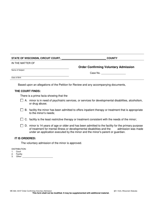 Form ME-922  Printable Pdf