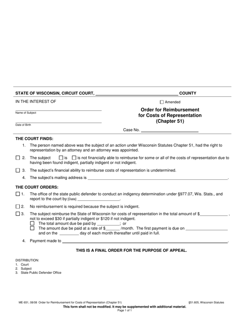 Form ME-931 Order for Reimbursement for Costs of Representation (Chapter 51) - Wisconsin