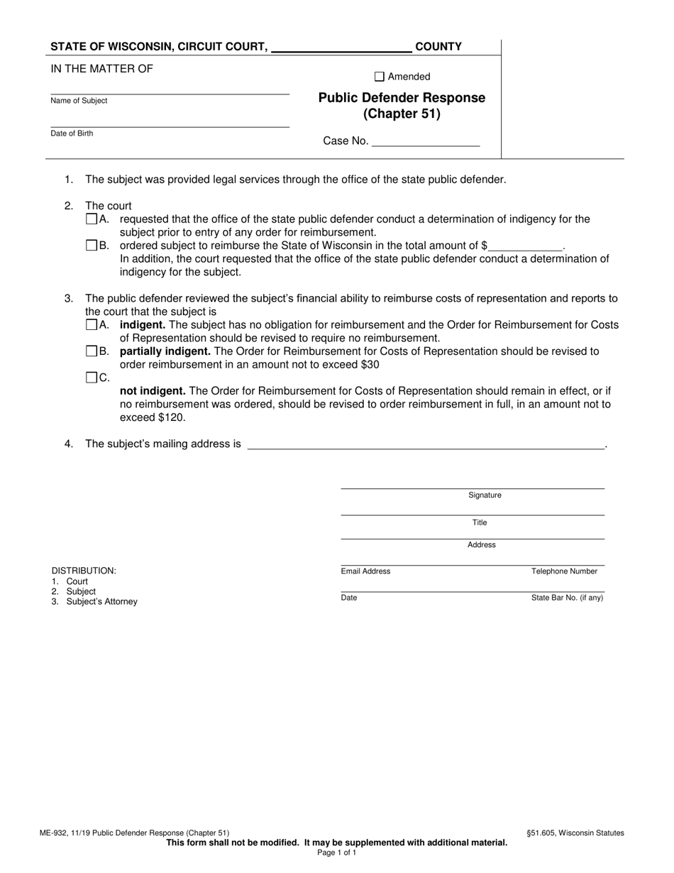 Form ME-932 Public Defender Response (Chapter 51) - Wisconsin, Page 1
