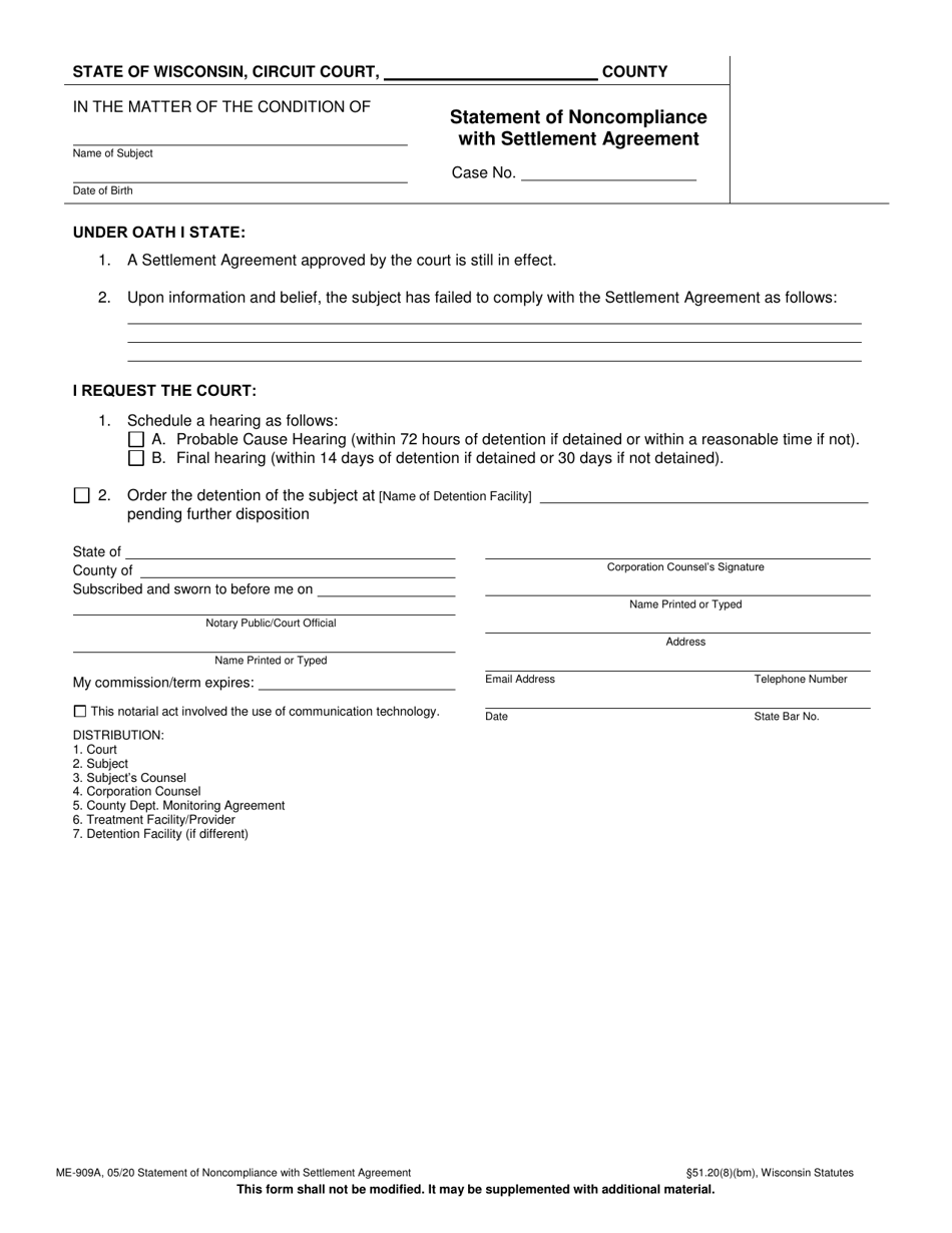 Form ME-909A Statement of Noncompliance With Settlement Agreement - Wisconsin, Page 1