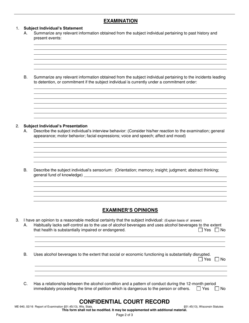Form ME-940 Report of Examination (Licensed Physician) - Wisconsin, Page 3