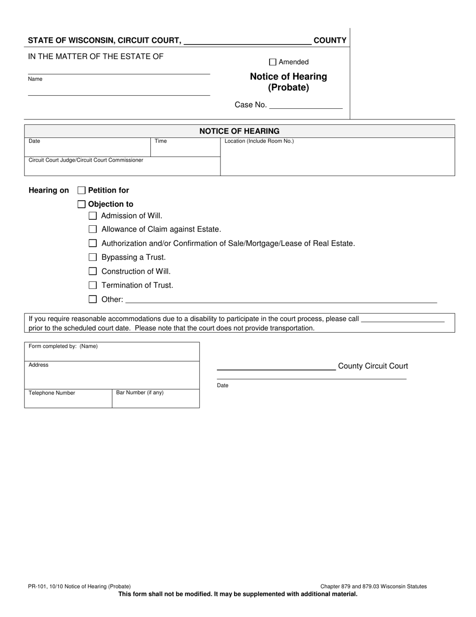 Form PR-101 Notice of Hearing Probate - Wisconsin, Page 1