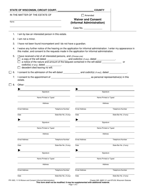 Form PR-1803 Waiver and Consent - Wisconsin