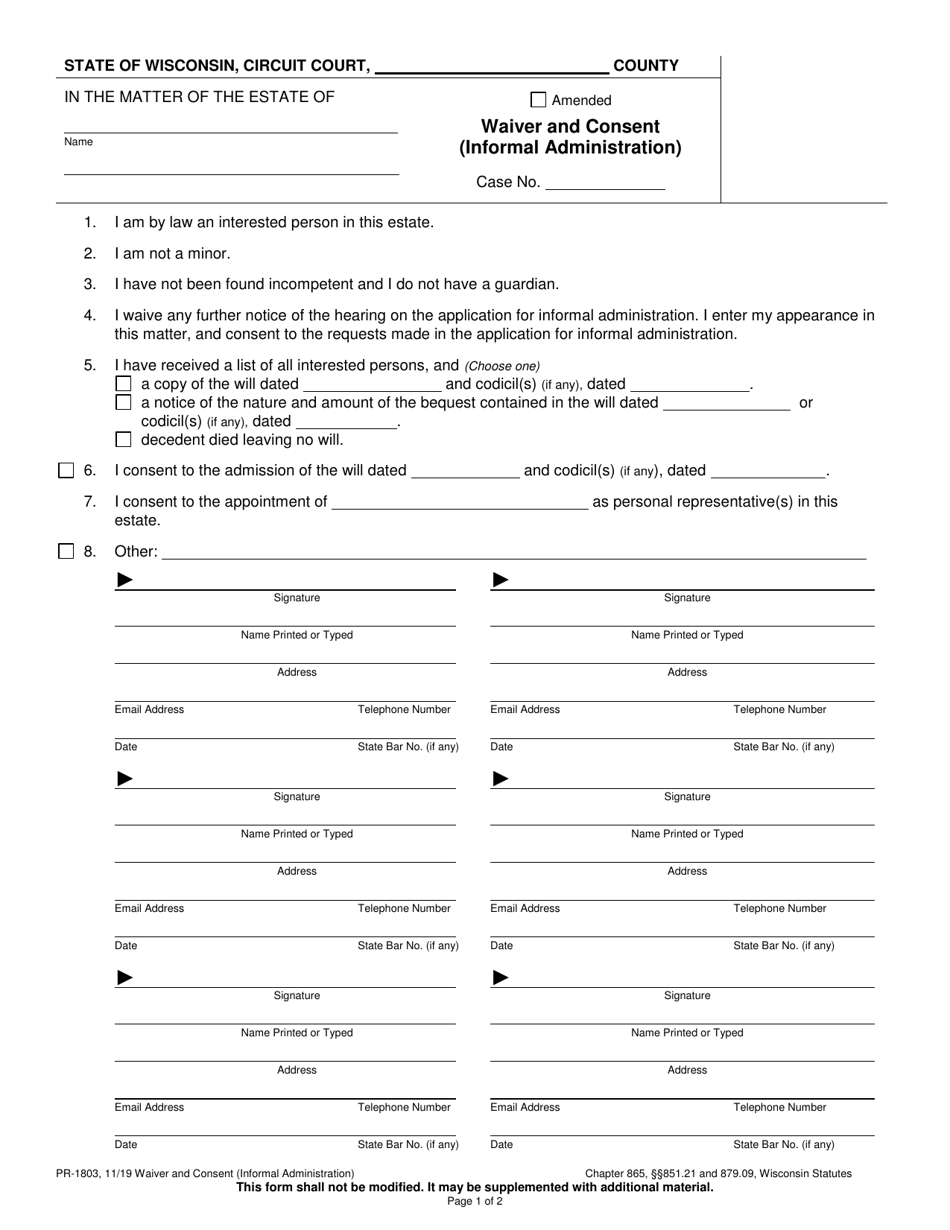 Form PR-1803 Waiver and Consent - Wisconsin, Page 1