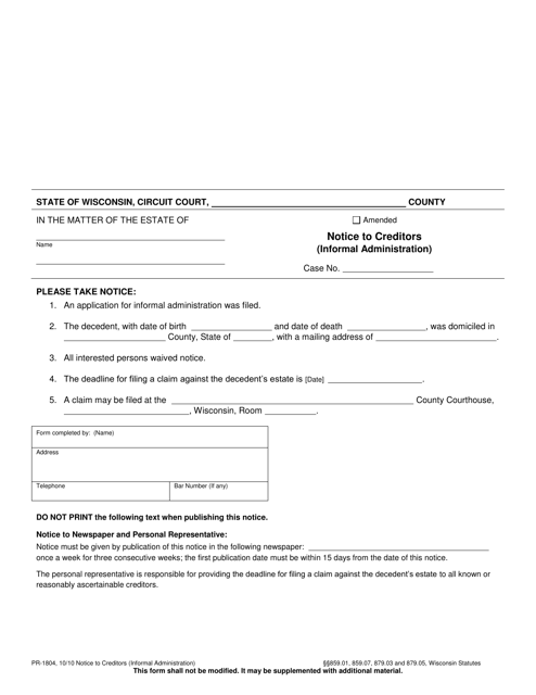 Form PR-1804 Notice to Creditors - Wisconsin