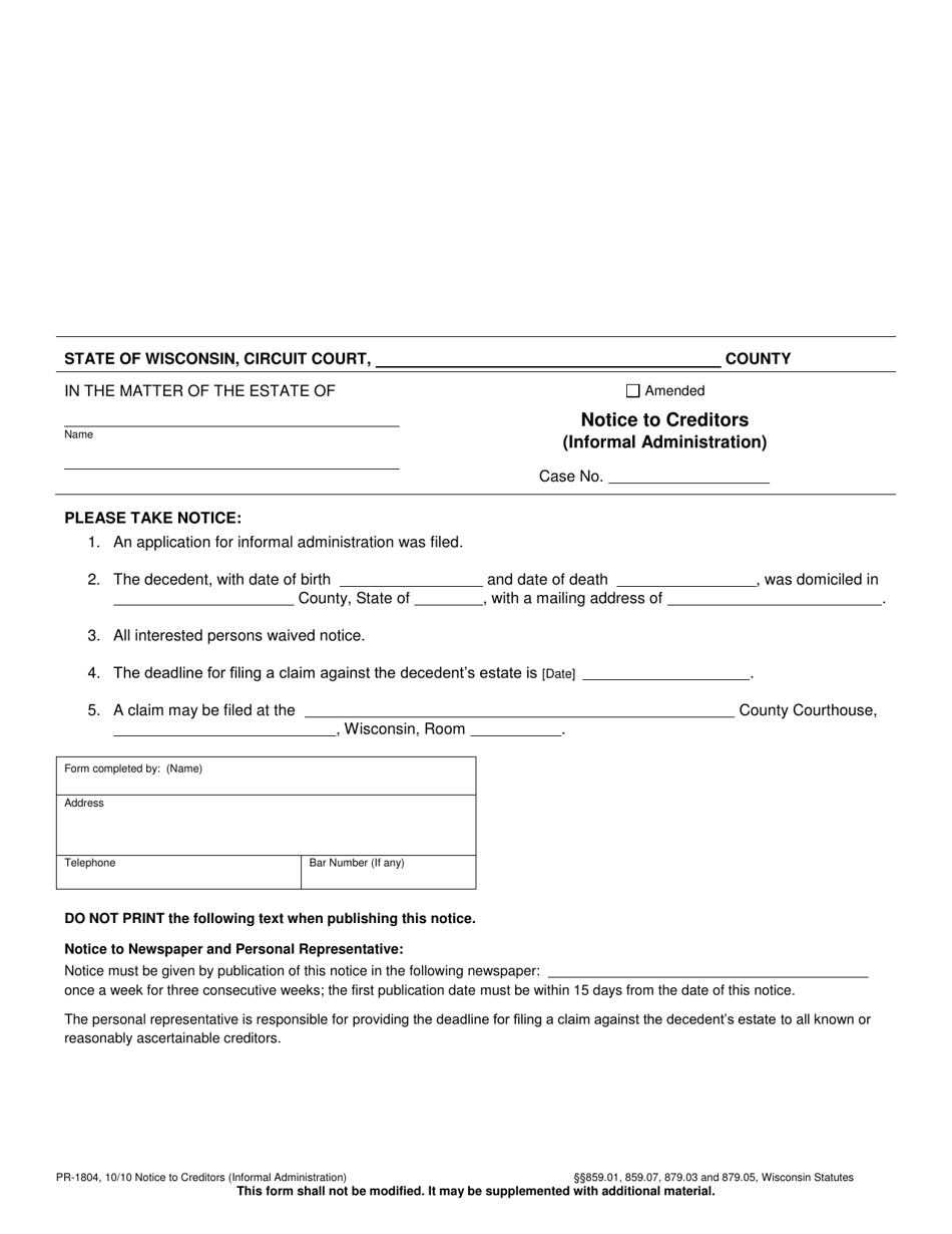 Form PR-1804 Notice to Creditors - Wisconsin, Page 1