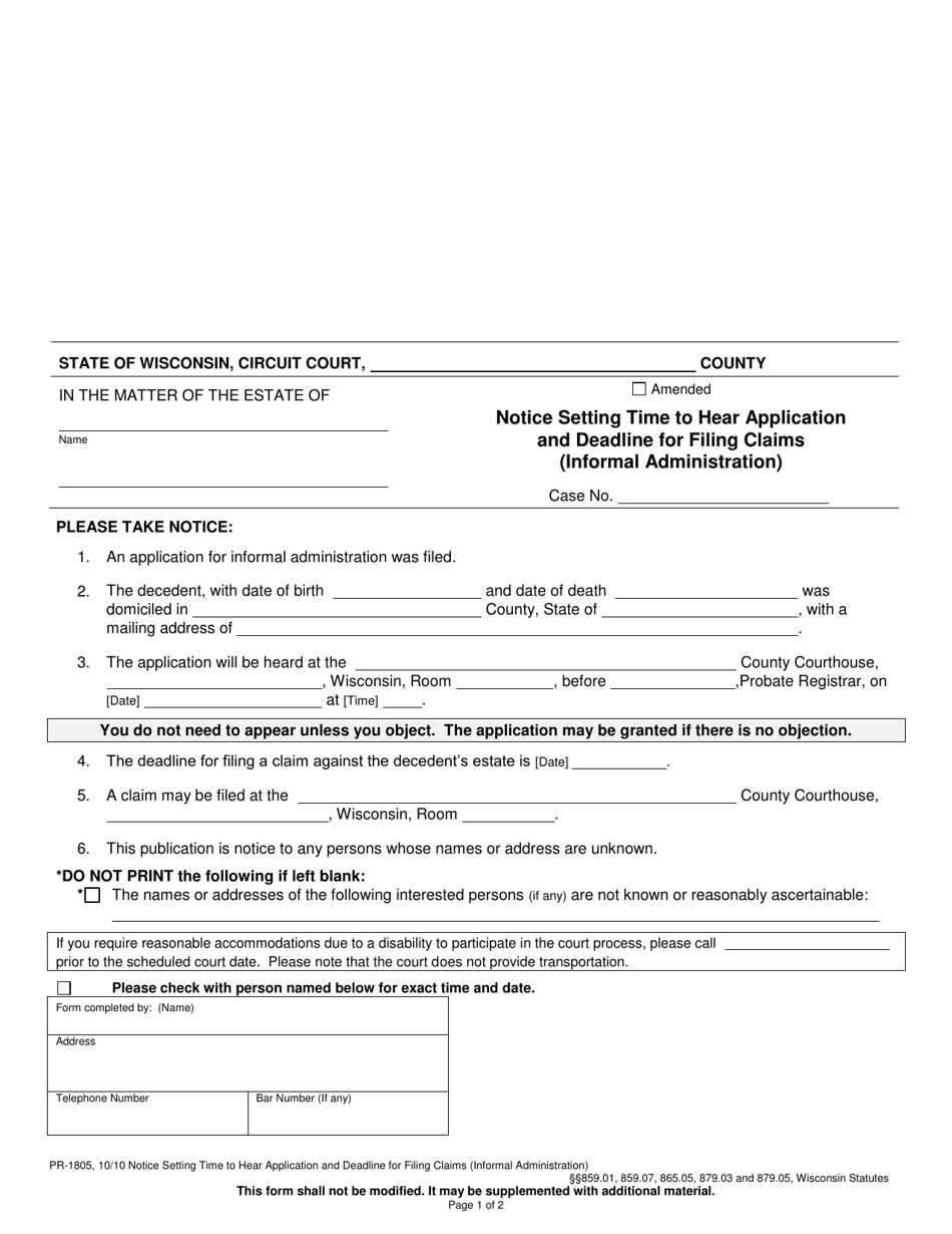 Form PR-1805 Notice Setting Time to Hear Application and Deadline for Filing Claims - Wisconsin, Page 1