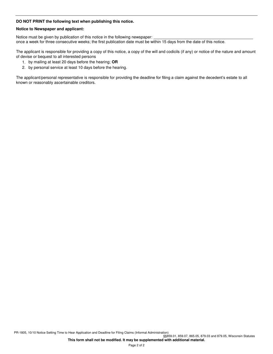 Form PR-1805 Notice Setting Time to Hear Application and Deadline for Filing Claims - Wisconsin, Page 2