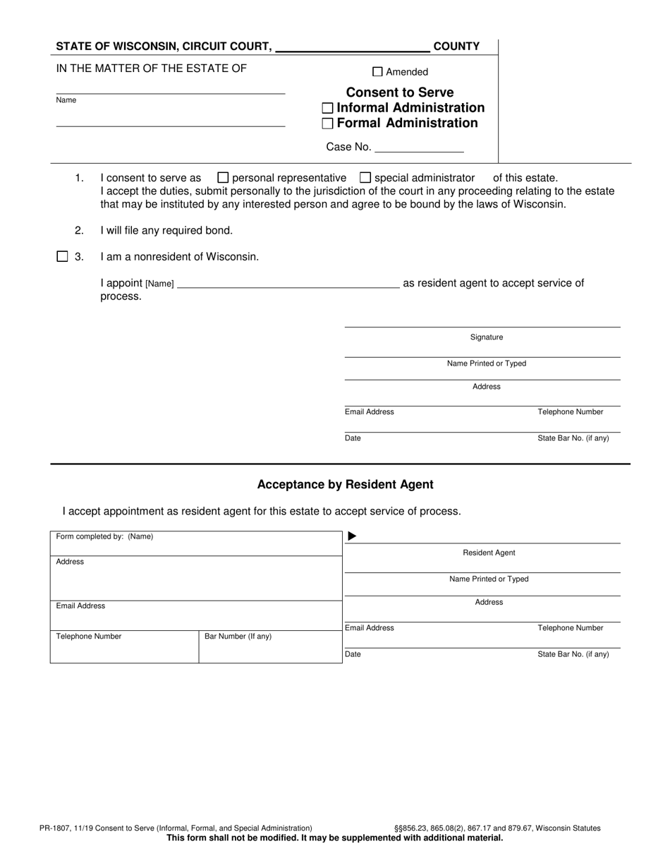 Form PR-1807 Consent to Serve - Wisconsin, Page 1