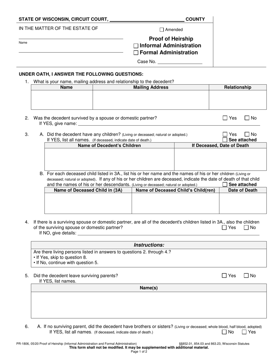 Form PR-1806 Proof of Heirship - Wisconsin, Page 1
