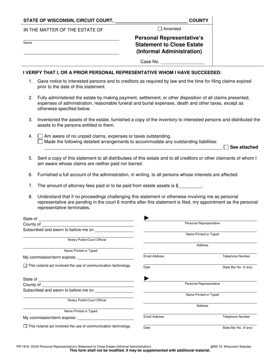 Form PR-1816 Personal Representatives Statement to Close Estate - Wisconsin, Page 1