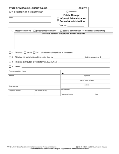 Form PR-1815 Estate Receipt (Informal and Formal Administration) - Wisconsin
