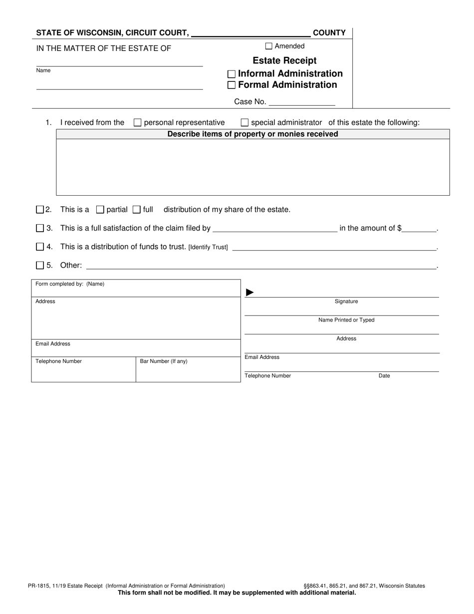 Form PR-1815 Estate Receipt (Informal and Formal Administration) - Wisconsin, Page 1
