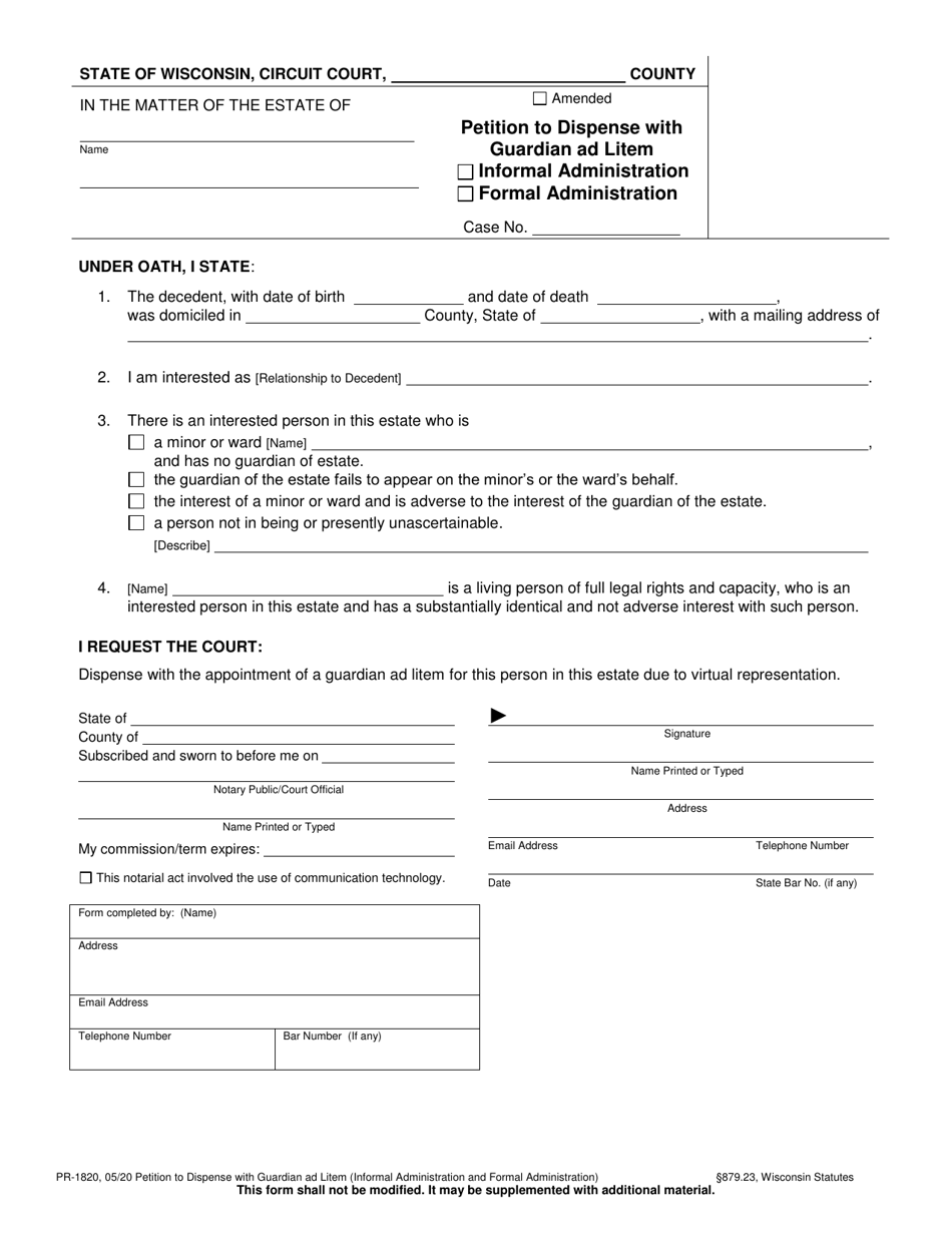 Form PR-1820 Petition to Dispense With Guardian Ad Litem - Wisconsin, Page 1