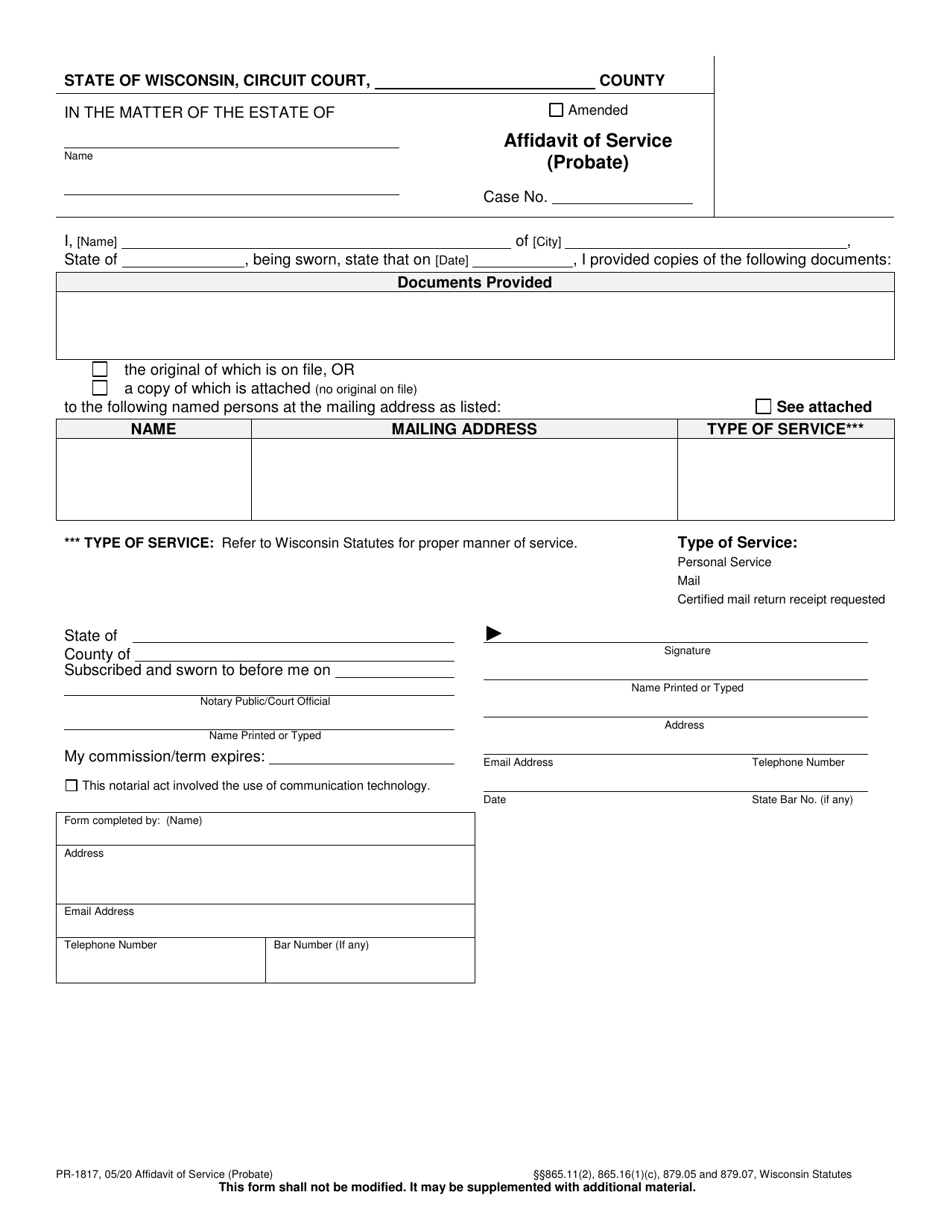 Form PR-1817 Affidavit of Service (Probate) - Wisconsin, Page 1