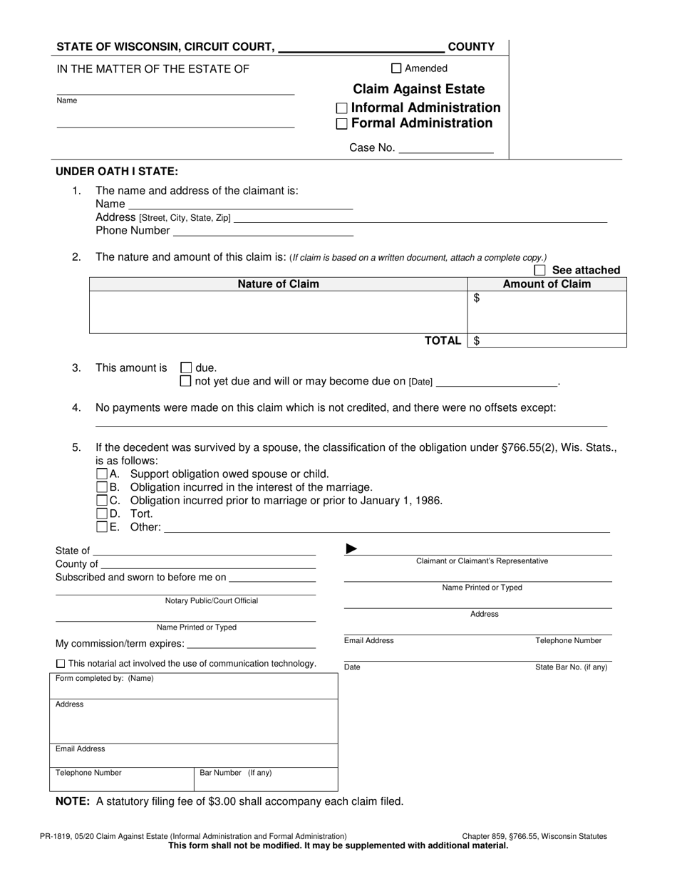 Form PR-1819 Claim Against Estate - Wisconsin, Page 1