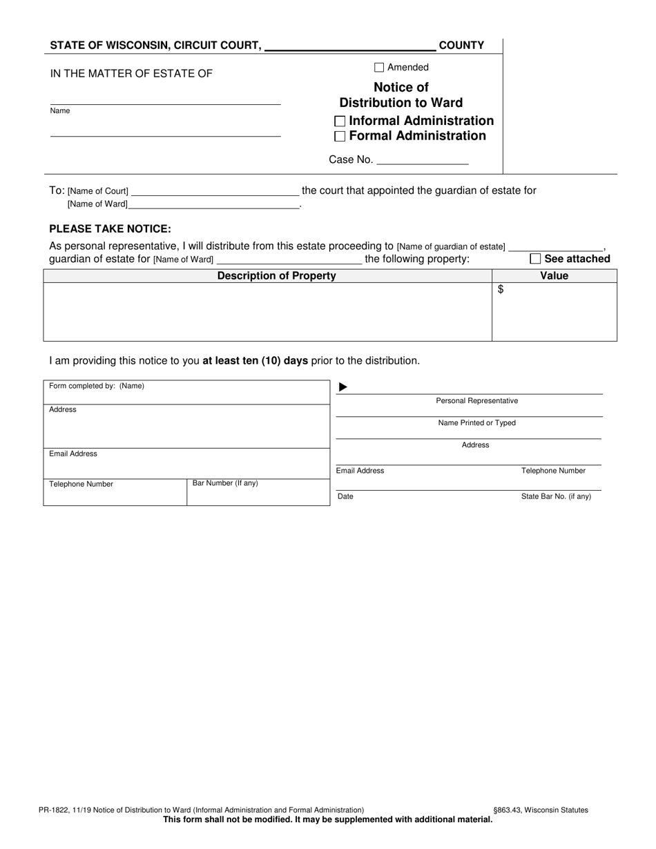 Form PR-1822 Notice of Distribution to Ward - Wisconsin, Page 1