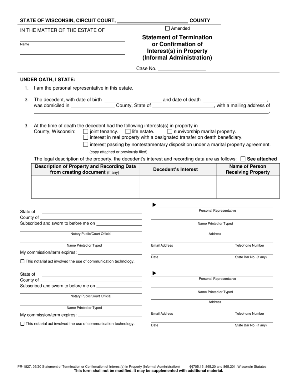 Form PR-1827 Statement of Termination or Confirmation of Interest(S) in Property - Wisconsin, Page 1