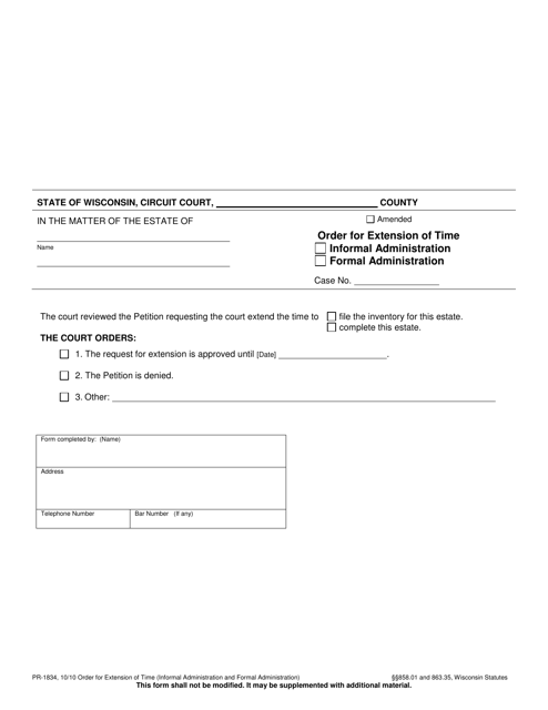 Form PR-1834 Order for Extension of Time - Wisconsin