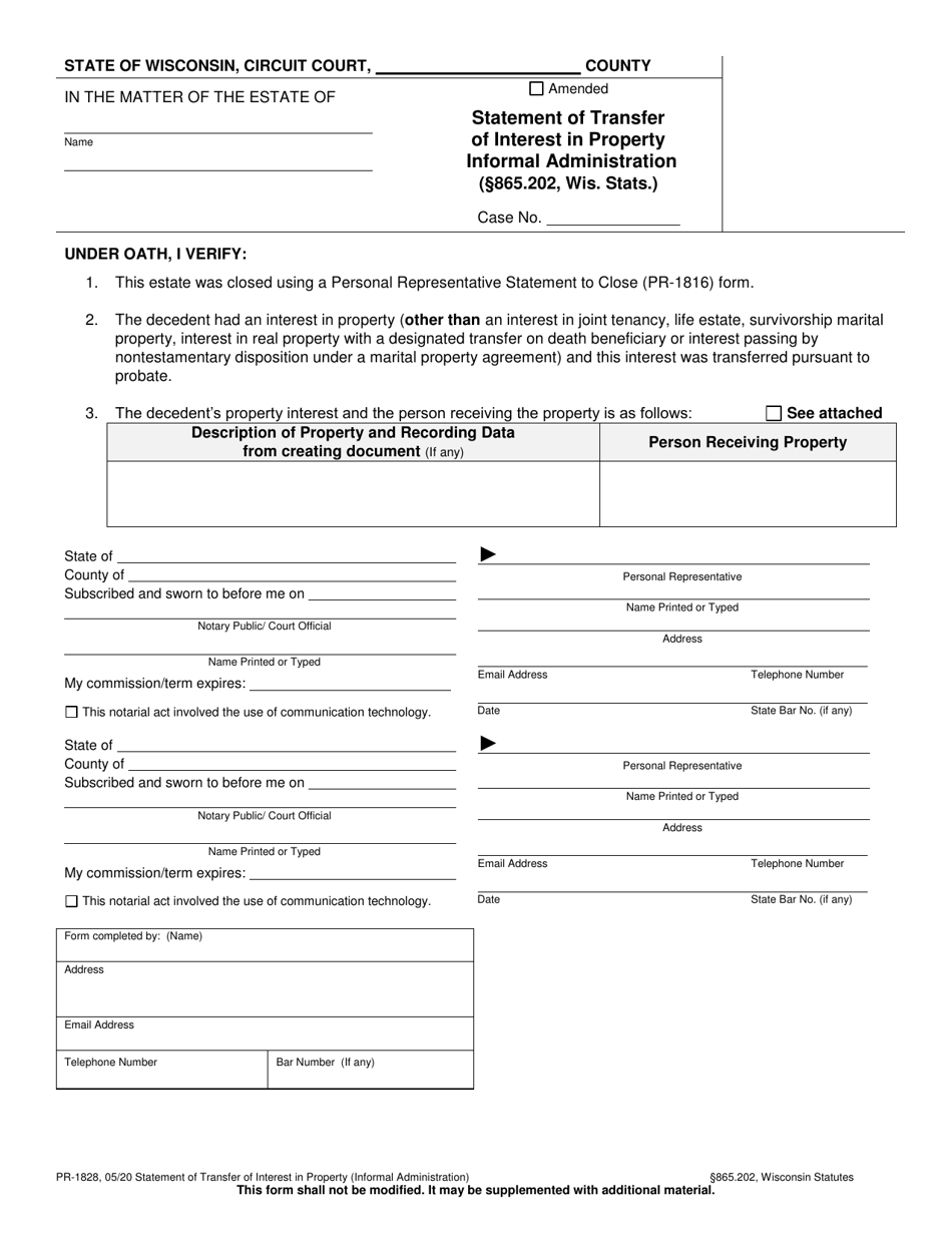 Form PR-1828 Statement of Transfer of Interest in Property (Informal Administration) - Wisconsin, Page 1