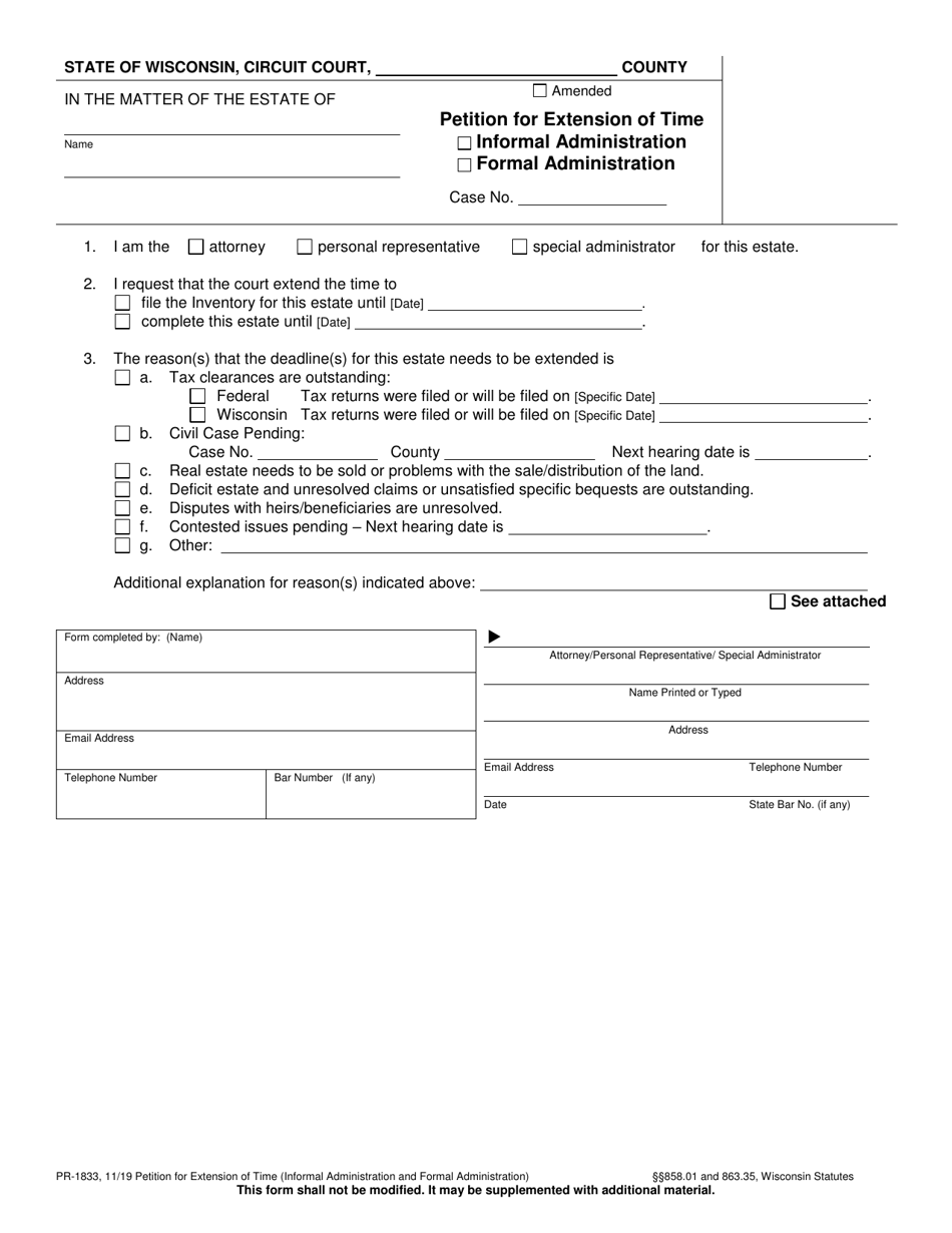Form PR-1833 Petition for Extension of Time - Wisconsin, Page 1
