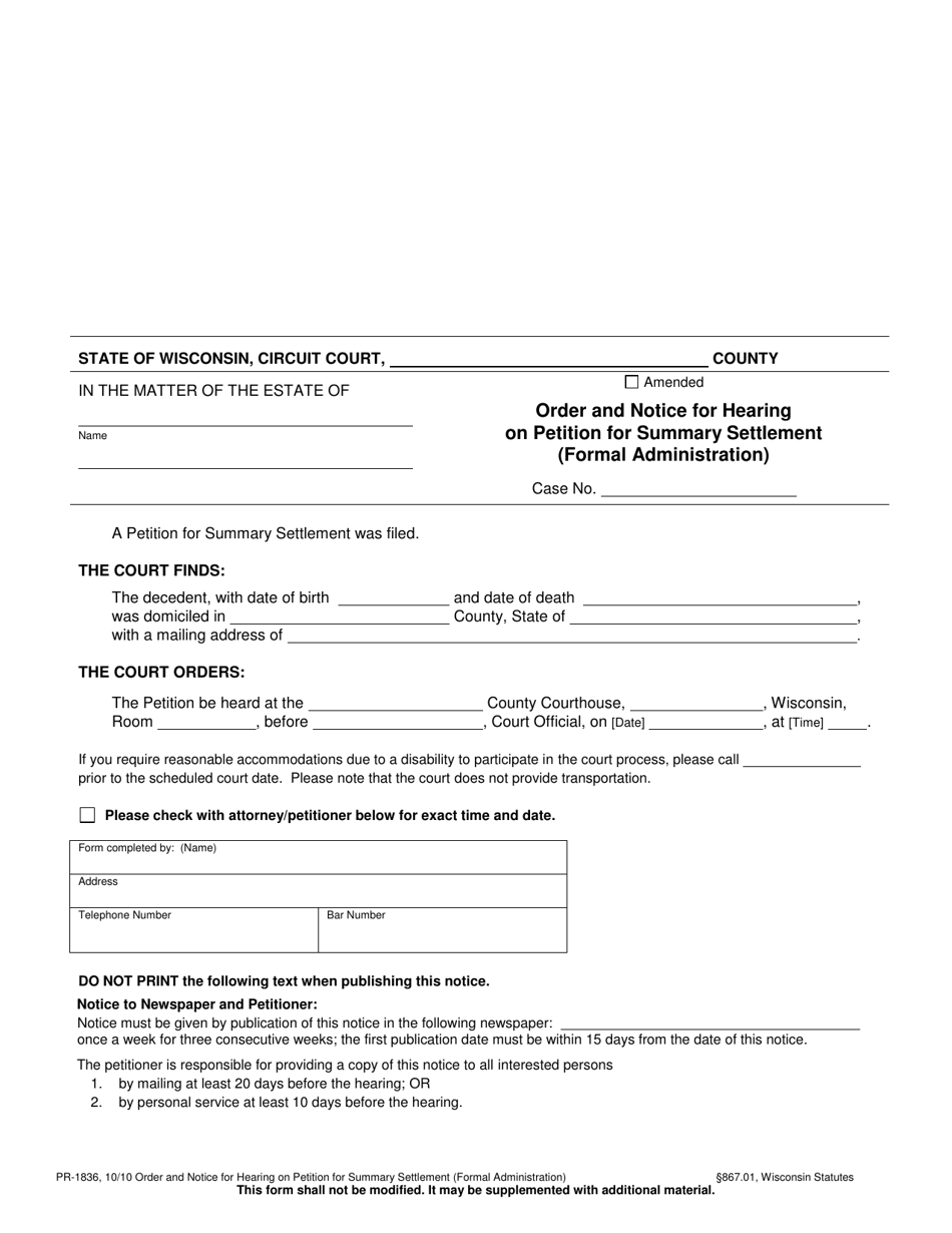Form PR-1836 Order and Notice for Hearing on Petition for Summary Settlement - Wisconsin, Page 1