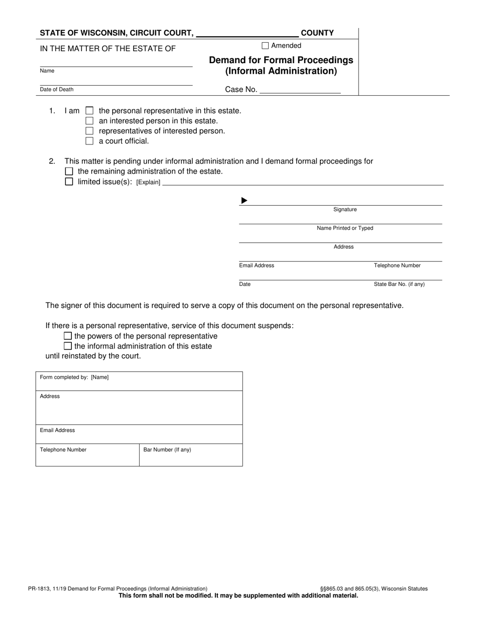 Form PR-1813 Demand for Formal Proceedings - Wisconsin, Page 1