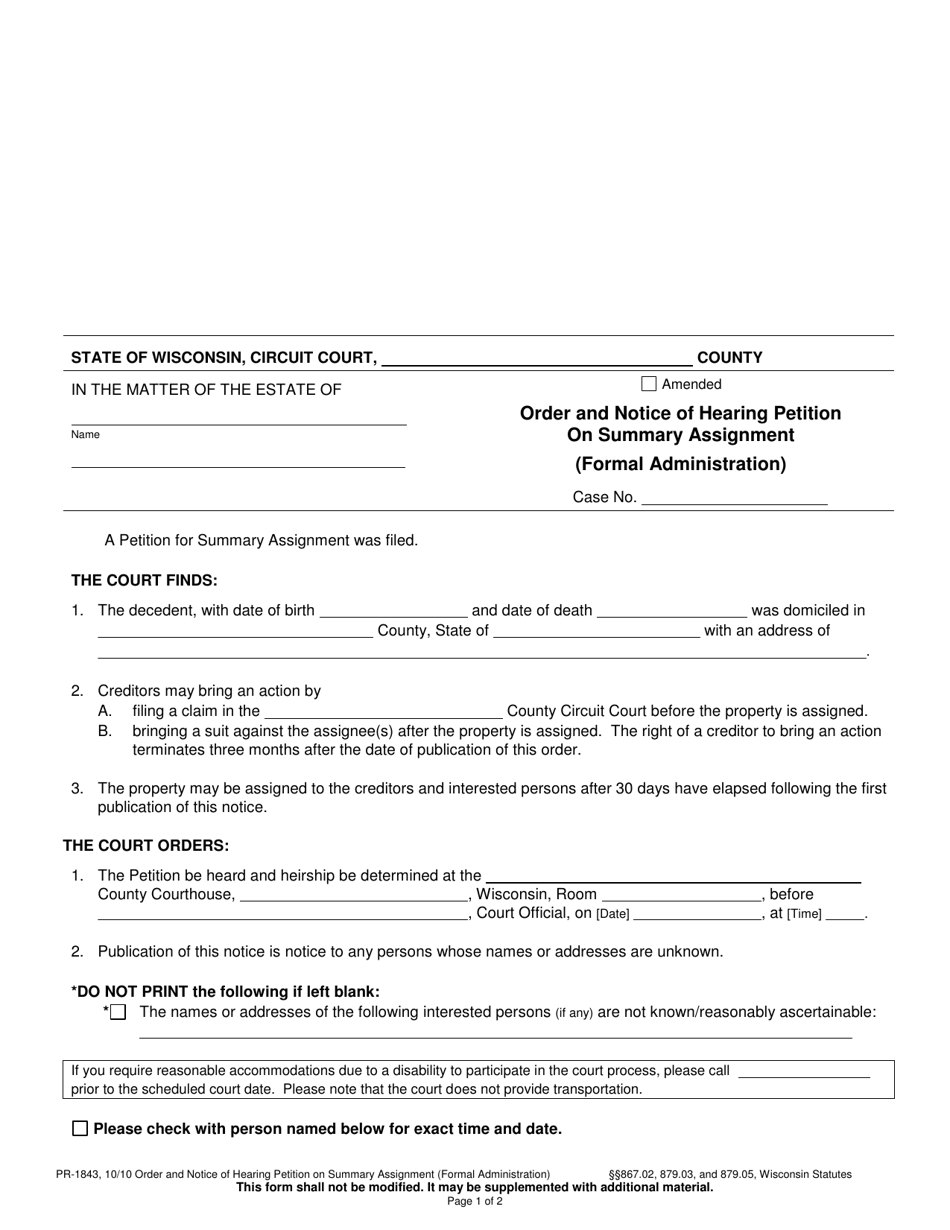 Form PR-1843 Order and Notice of Hearing Petition of Summary Assignment - Wisconsin, Page 1