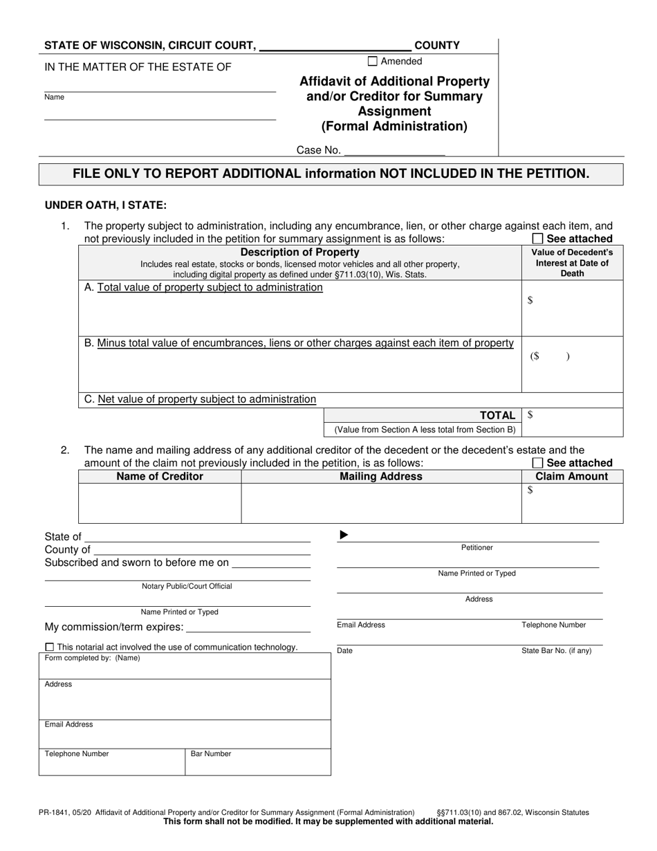 Form PR-1841 Affidavit of Additional Property and / or Creditor for Summary Assignment - Wisconsin, Page 1