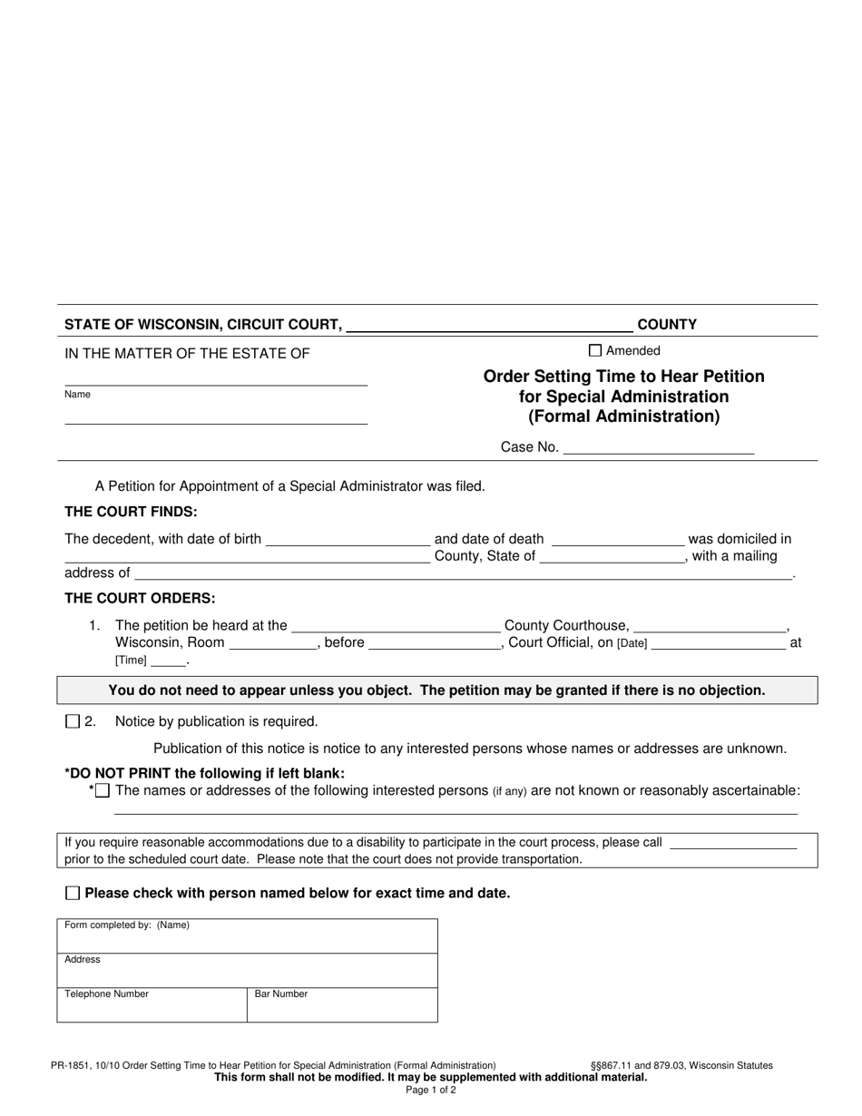 Form PR-1851 Order Setting Time to Hear Petition for Special Administration - Wisconsin, Page 1
