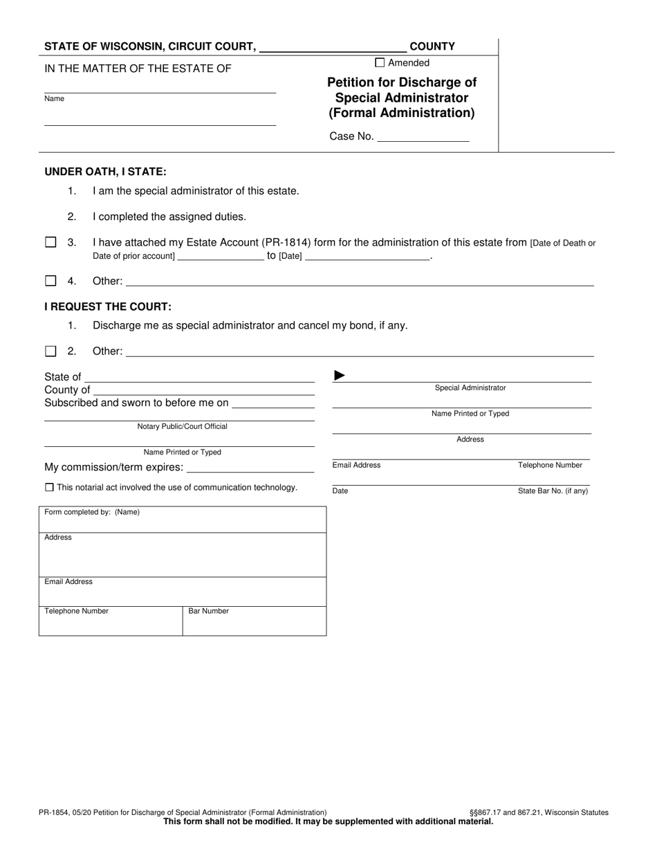 Form PR-1854 Petition for Discharge of Special Administrator - Wisconsin, Page 1