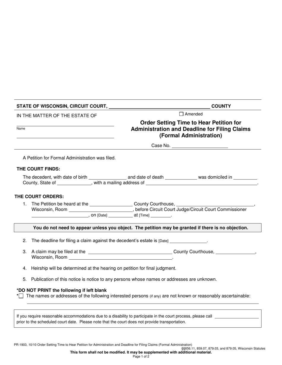 Form PR-1903 Order Setting Time to Hear Petition for Administration and Deadline for Filing Claims - Wisconsin, Page 1