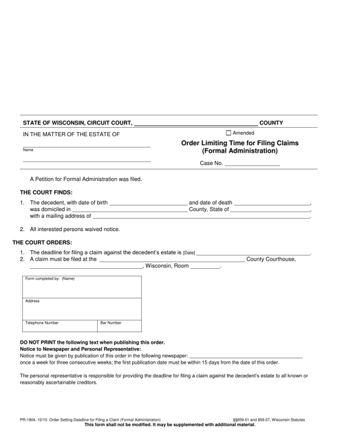 Form PR-1904 Order Setting Deadline for Filing a Claim - Wisconsin